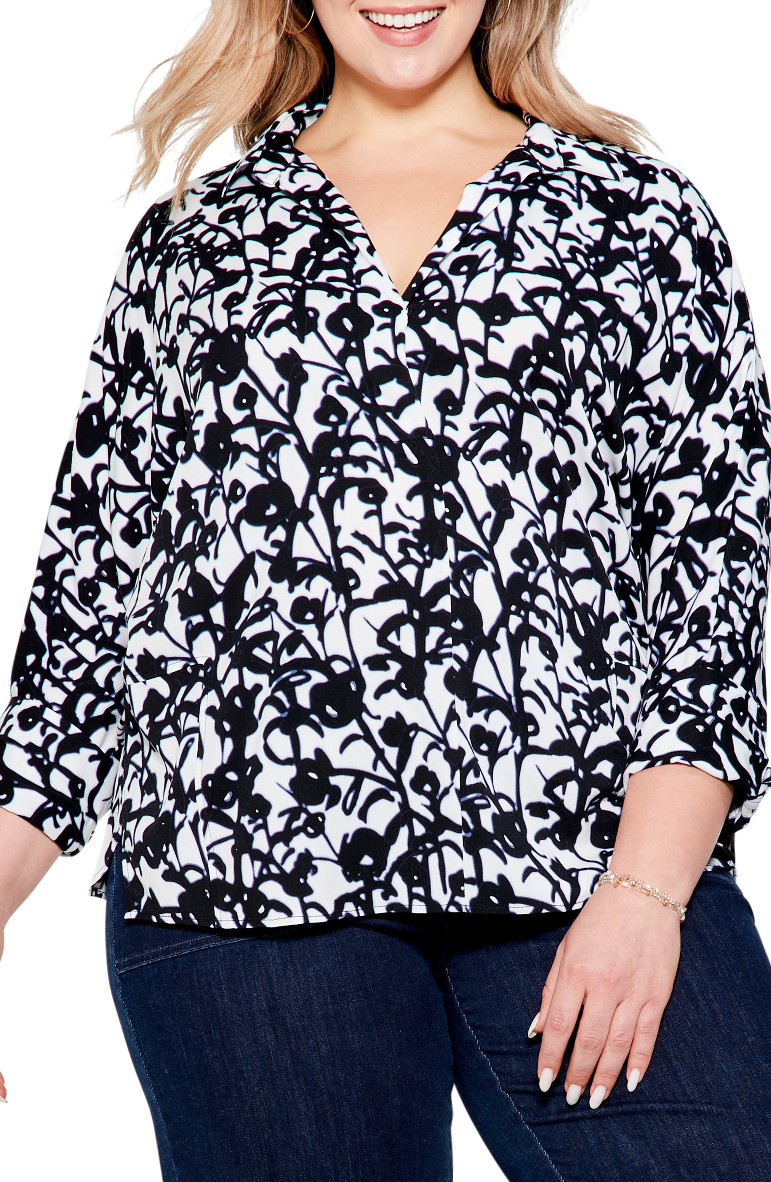 NY Collection Womens Plus Size 3/4 Sleeve Allover Print Top 
